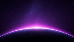 Cielo estratosférico con intensa luz morada y púrpura brillante, atmósfera superior de la Tierra con resplandor violeta vibrante, horizonte curvo del planeta con luminosidad morada radiante